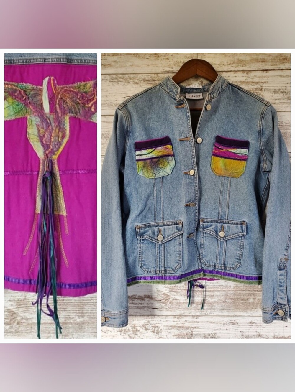 Vintage Villager Liz Claiborne Upcycled Denim Jacket Boho Bird Wearable Art